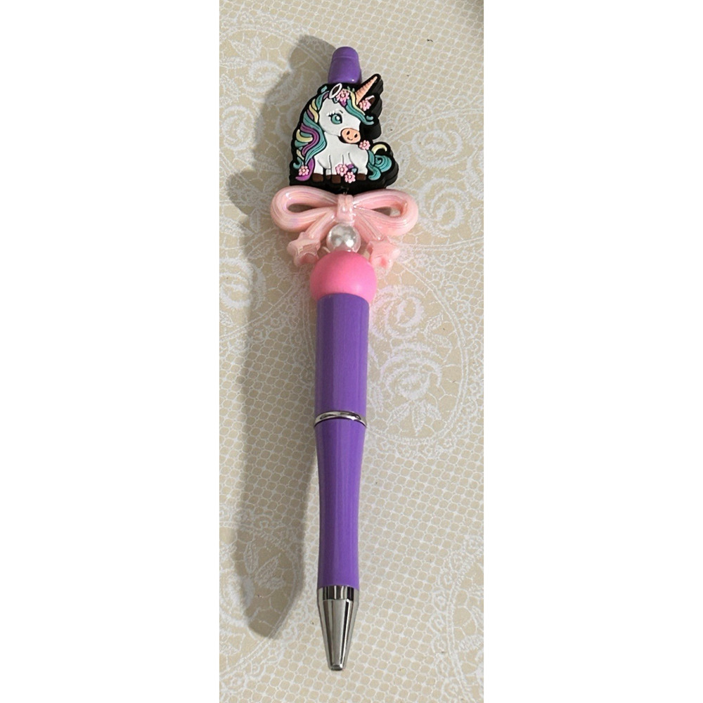 Custom Beaded Pen Unicorn Purple Pink Bow Unique Gift Handmade Girly Coquette